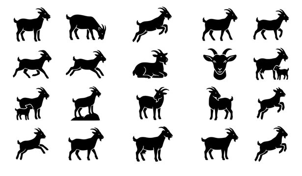 Domestic Goat and Wild Ram Silhouette Icon Set Pack Featuring Various Poses of Horned Billy Goats Kids and Ewes for Agriculture Branding Vector Illustration