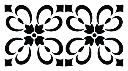 Seamless black floral pattern tile featuring symmetrical stylized petals for textile or wall decor. © MST DESIGN