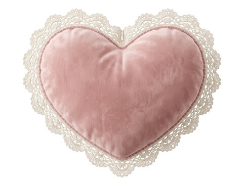 Pink heart shaped lace plush cushion isolated on a transparent background