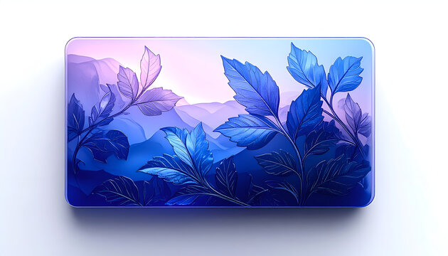 Blue leaves against a stylized purple and blue misty mountain landscape background