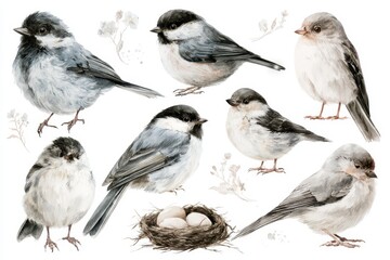 Fototapeta premium Watercolor collection of cute chickadee birds and a nest with eggs isolated on white background