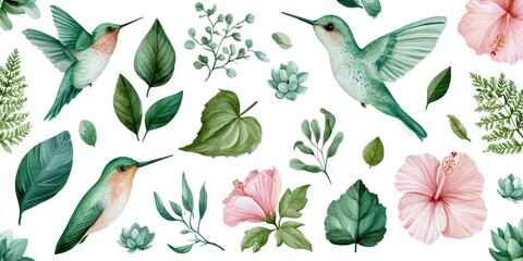 Fototapeta premium Watercolor set of hummingbirds, tropical leaves, and pink hibiscus flowers isolated on white background