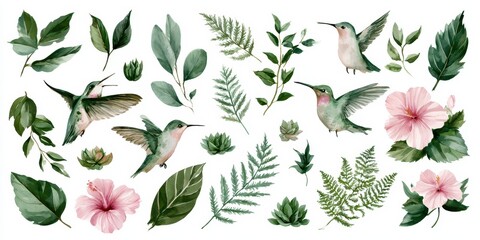 Fototapeta premium Watercolor collection of hummingbirds, tropical leaves, and pink hibiscus flowers isolated on white background