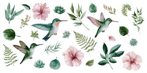 Fototapeta premium Watercolor set of hummingbirds, tropical hibiscus flowers, green leaves, and succulents isolated on white background