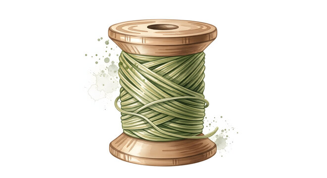 Hand-spun organic nettle fiber thread wound on a vintage wooden spool illustration isolated on white background. Sustainable green textile yarn for eco-friendly sewing and traditional craft tool.