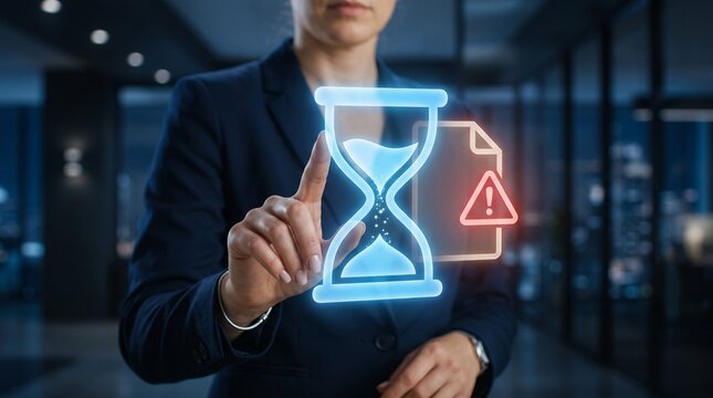 Businesswoman using virtual interface to manage pending digital documents and time sensitive processing tasks