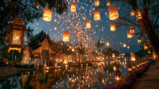 Generative AI illustration of a stunning Yi Peng lantern festival at night with numerous floating lanterns illuminating the sky above an ancient Thai temple