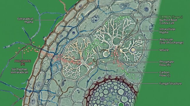 Detailed illustration of Mycorrhizal symbiosis with Arbuscular Mycorrhizal fungi