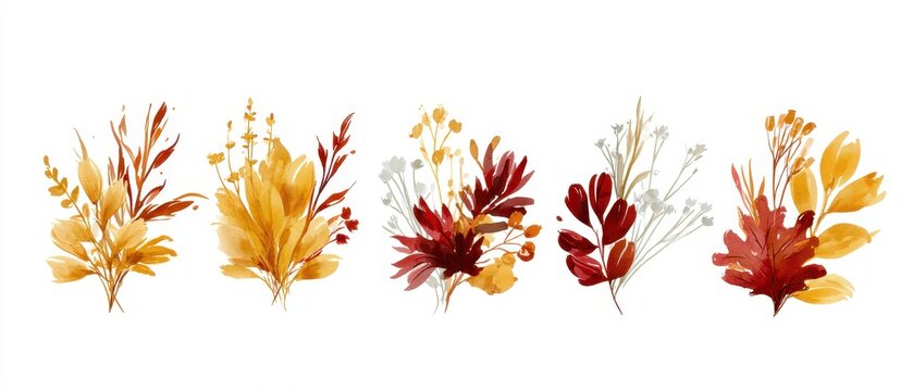 Set of five watercolor autumn floral bouquets with fall leaves, dried plants, and berries in warm seasonal colors isolated on white background