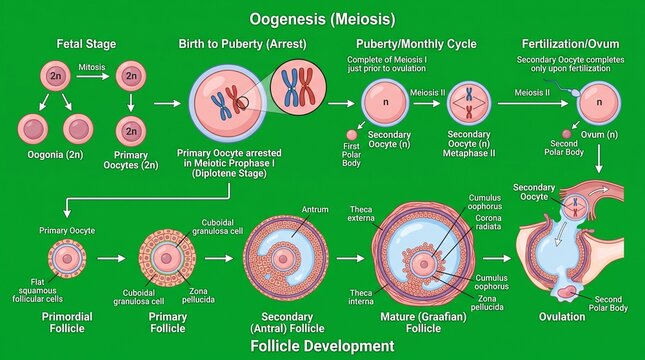 Oogenesis process with meiotic prophase I stages