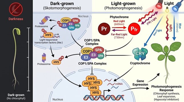 Diagram of Plant Photomorphogenesis Process with Phytochrome Light Conversion and Growth Stages