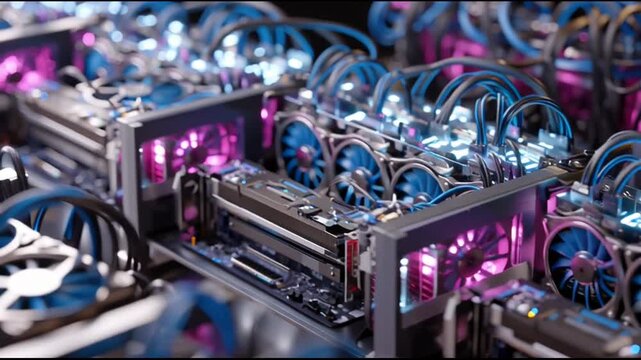 Cryptocurrency mining rig with colorful fans.