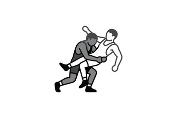 Obraz premium Two wrestlers engaged in a competitive grappling match on a white background.