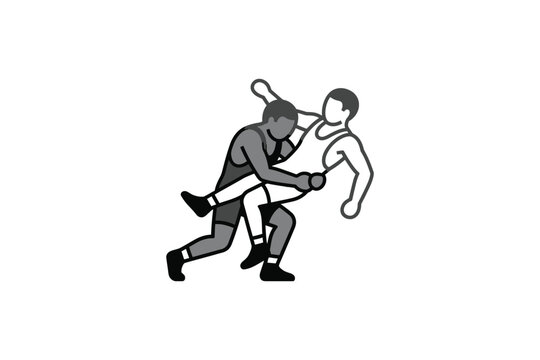 Two wrestlers engaged in a competitive grappling match on a white background.