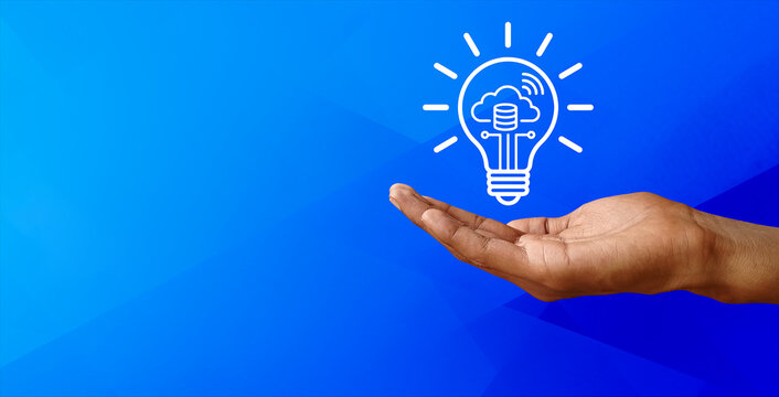 Hand holding a light bulb with a wireless signal, a minimal icon representing a smart solution or a connected idea