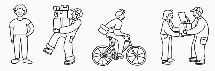 Obraz premium Vector of diverse people in various activities: standing, carrying boxes, cycling, interacting.