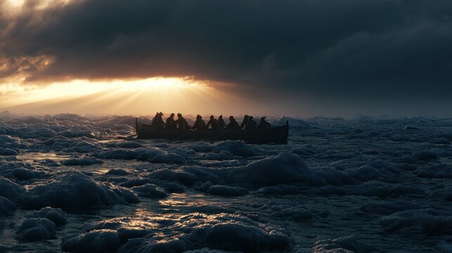 A large crew of men rowing a wooden boat through a vast field of ice in the arctic ocean during a breathtaking sunset with sun rays breaking through clouds