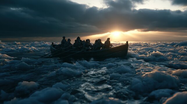 A team of explorers in a wooden rowing boat navigating through a frozen arctic sea filled with ice chunks under a dramatic sunset sky with golden light