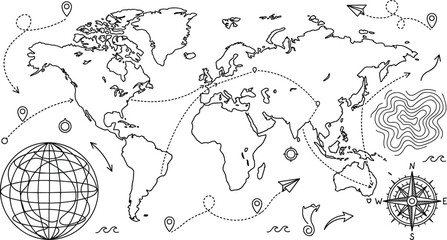 World Map Geography and Global Travel Line Art Icon Set with Compass Rose, Earth Grid Globe, Topography, and Flight Routes © Yousuf