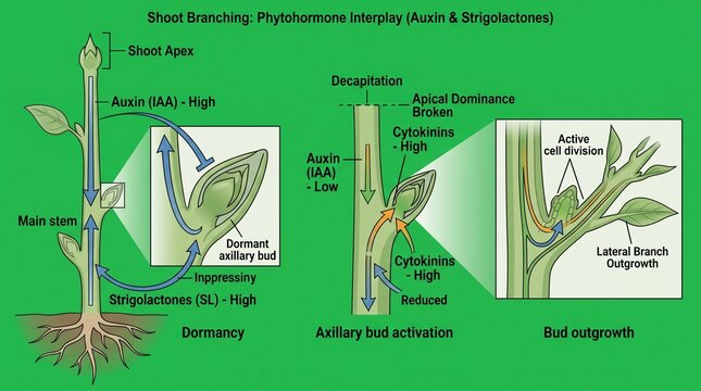Detailed illustration of plant shoot branching with axillary bud activation