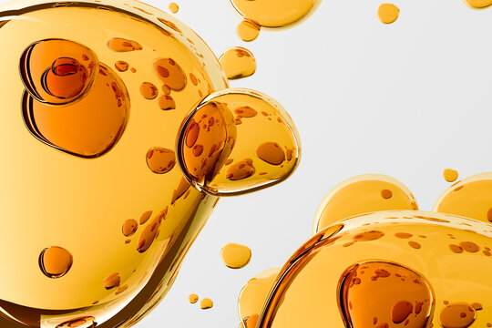 3D golden gel texture with air bubbles on a white background close up, skin care serum or cosmetics essence. Beauty, wellness content. Natural cooking oil, motor oil.