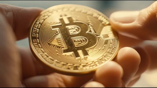 Hands holding a gold Bitcoin coin.