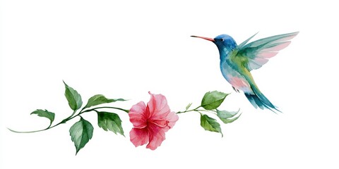 Fototapeta premium Watercolor illustration of a hummingbird flying near a pink hibiscus flower isolated on white background
