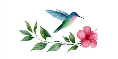 Fototapeta premium Watercolor illustration of a hummingbird flying towards a pink hibiscus flower with green leaves, isolated on white background