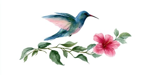 Fototapeta premium Watercolor painting of a hummingbird hovering over a pink hibiscus flower isolated on white background