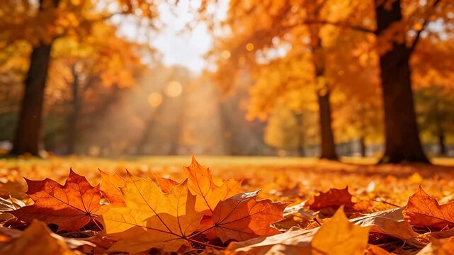 Autumn leaves on ground with trees