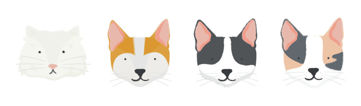 Vector illustration of four cat faces with different fur patterns and colors.