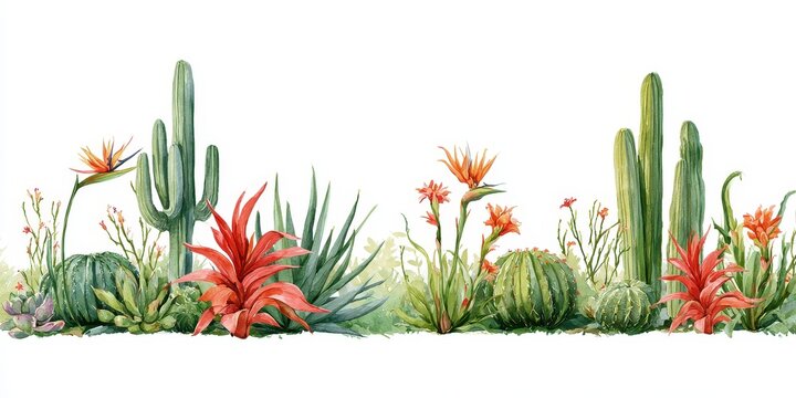 Watercolor desert landscape border with cacti, succulents and tropical flowers isolated on white background