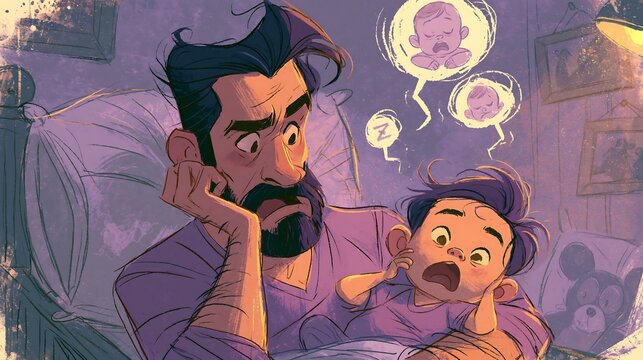 Exhausted father holds his crying baby at night, illustrating the struggles and lack of sleep for new parents.