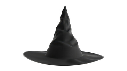 Fototapeta premium A pointed black witch hat featuring a creased fabric texture and a wide brim, isolated on a transparent background, for holiday