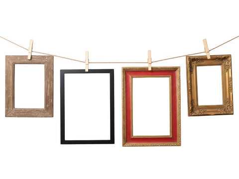 Set of five empty golden picture frames in varying sizes