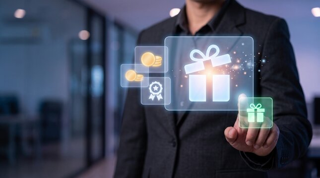 Business professional using a virtual holographic interface to manage digital customer rewards and loyalty program points
