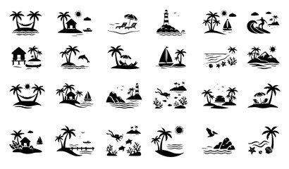 Tropical Island Beach Landscape Silhouette Collection with Palm Trees Ocean Sunset and Summer Vacation Scenes © SobujChandra