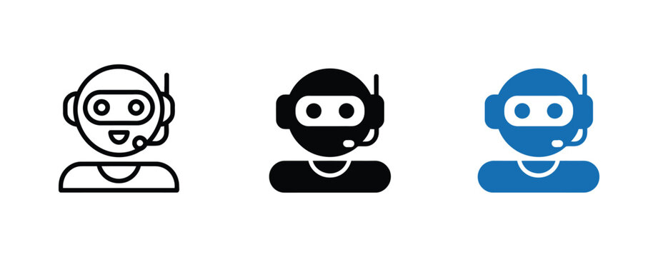 Chatbot Assistant Icons featuring headset symbols for customer support, AI communication, digital assistance, online help, call center services, virtual agents, transparent background