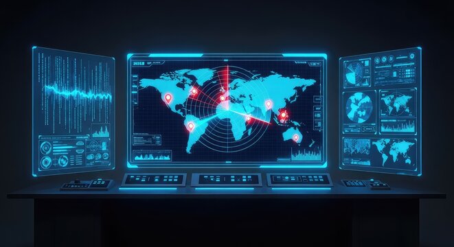 A high-tech control center features a glowing radar screen and digital maps displaying strategic data for advanced global defense monitoring, monitor, electronic, screen