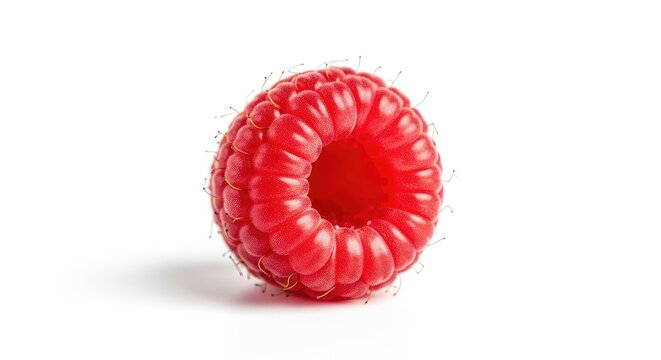 A single fresh red raspberry sits on a minimalist white background, highlighting its intricate drupelets and vibrant color in sharp detail, vegetarian, texture, seasonal