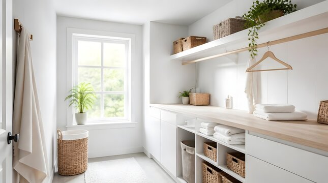 Modern bright laundry room interior with white cabinets and wooden countertop.
