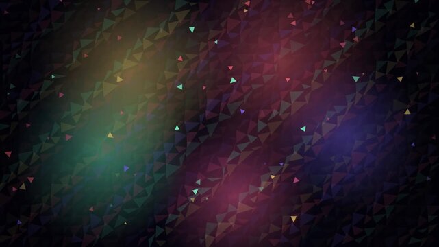 Abstract geometric low poly background, with shimmering colorful, light particles and, dynamic motion