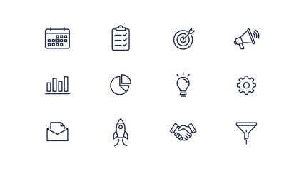 Fototapeta premium Campaign management workflow planning icons – Suitable for marketing calendar reviews, business project trackers, or operational reports.