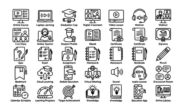 Online Learning Thin Line Icon Set with E Learning Education Course and Digital Classroom Outline Symbols