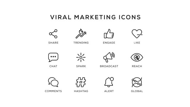 Trending social media engagement icon set &ndash; Great for network sharing statistics, popular post optimization, or digital crowd interaction templates.