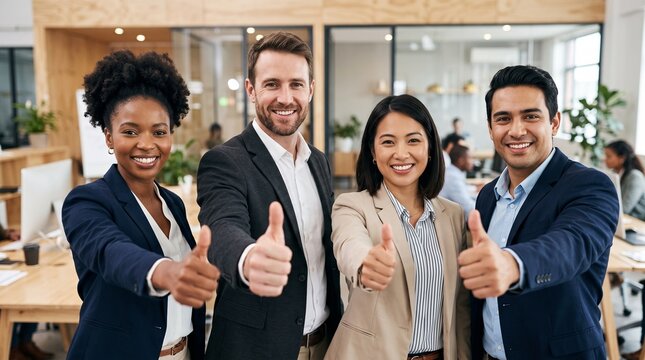 Thumbs up, success and business people in office for teamwork, collaboration and approval. Corporate, smile and workers with hand gesture for promotion, good opinion or feedback for company agreement