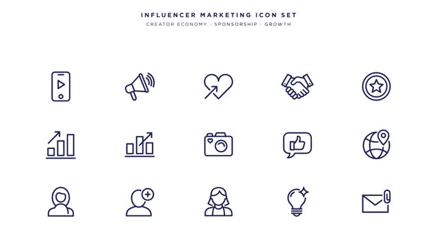 Influencer marketing creator economy icon sheet &ndash; Perfect for sponsorship network pitches, digital audience growth logs, or talent agency briefs.