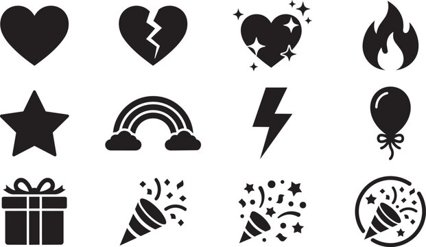 Black icons set, 12 emotional symbols, flat design, heart, star, gift, celebration elements, vector graphics
