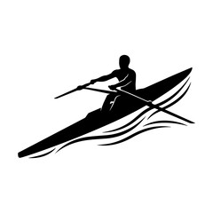 Black silhouette of a rower in a single scull boat moving through water, isolated on a white background, for sports © shahin