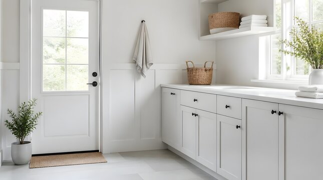 Bright modern laundry room interior with white cabinets and glass pane door.